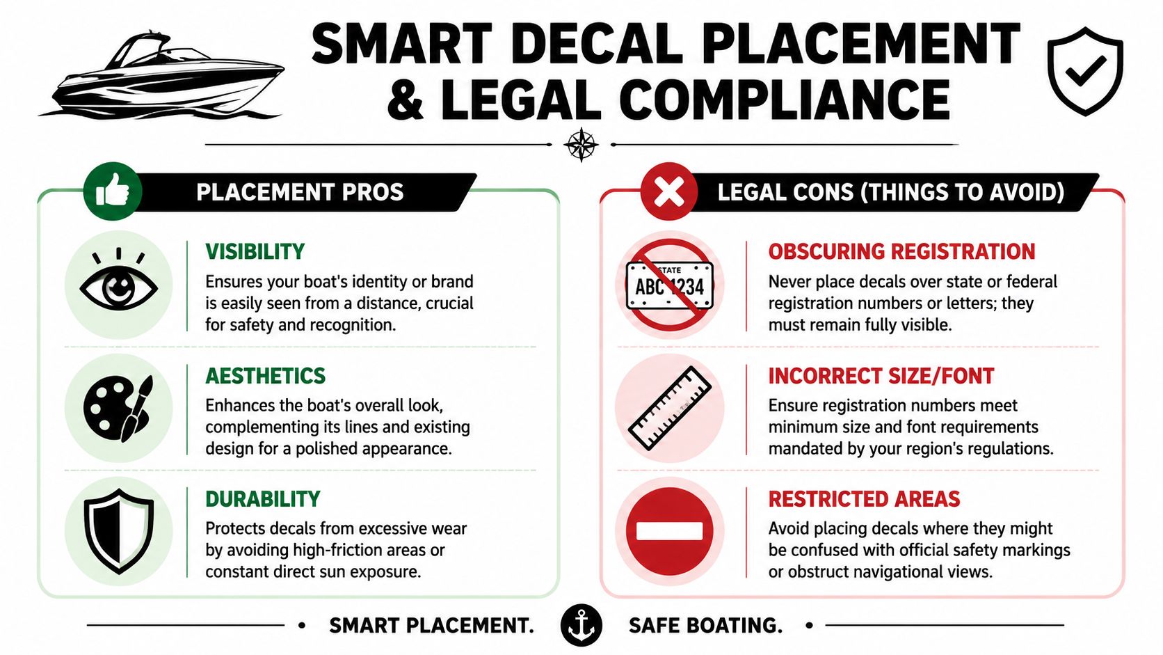 An infographic titled Smart Decal Placement and Legal Compliance outlining pros and cons for boat owners.