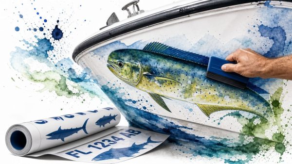 Hand holding a blue sanding tool to apply or smooth a colorful fish illustration on the hull of a boat, with watercolor splash background.
