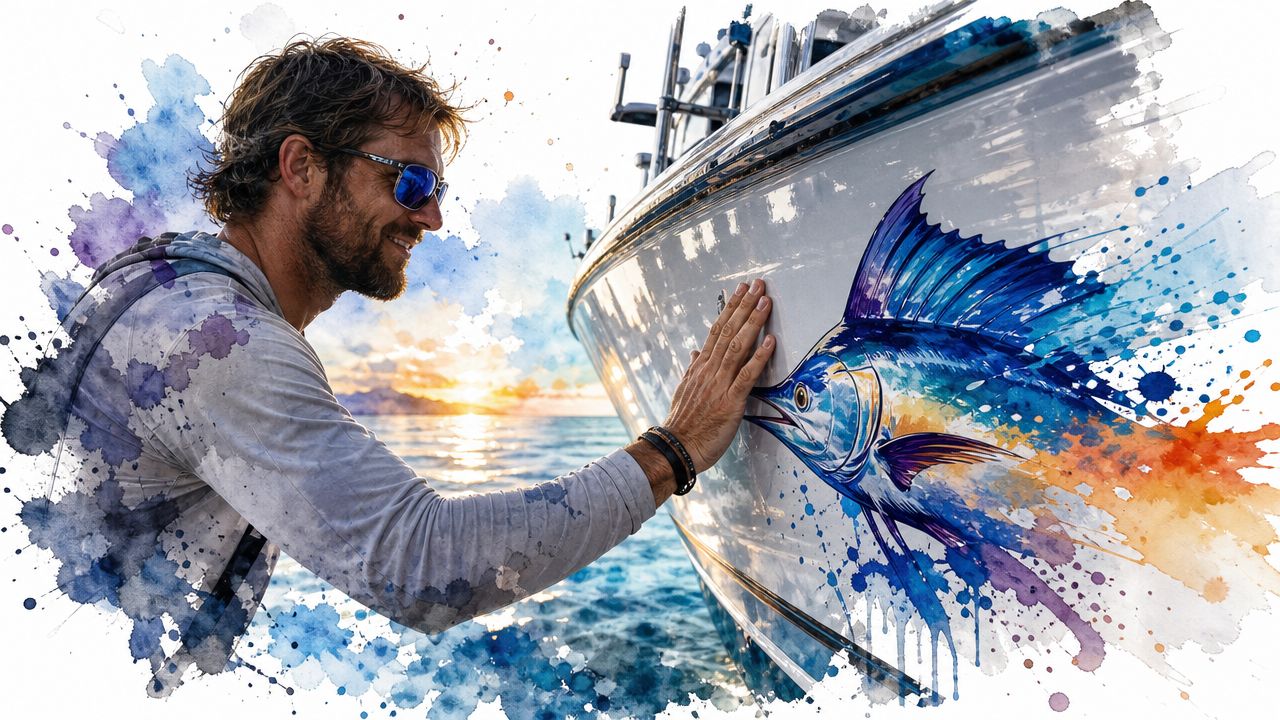 A man wearing sunglasses touches a colorful sailfish mural painted on the side of a boat at sunset.