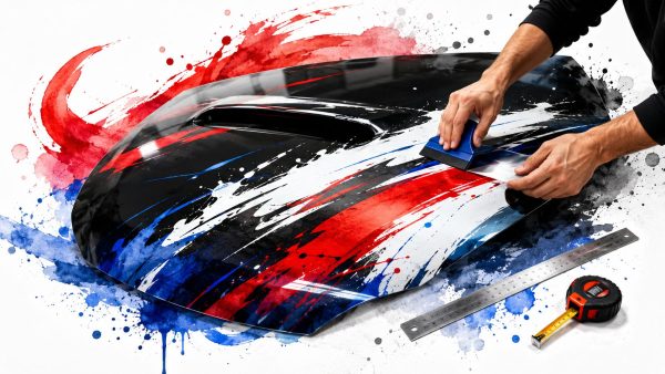 Person smooths a red, white, and blue vinyl wrap onto a car hood using a blue scraper, with a ruler and tape measure nearby.