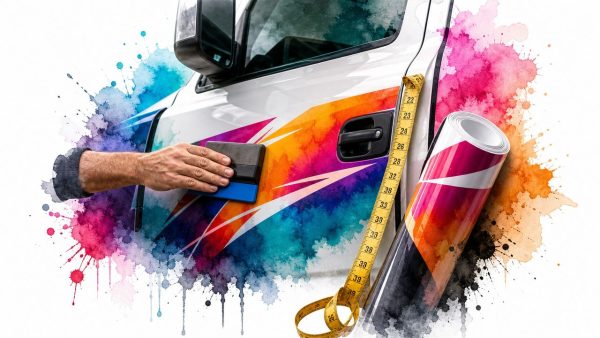 Person applying a colorful vinyl wrap to a white van, with a tape measure and rolled wrap nearby, depicting customization work on a vehicle graphic.