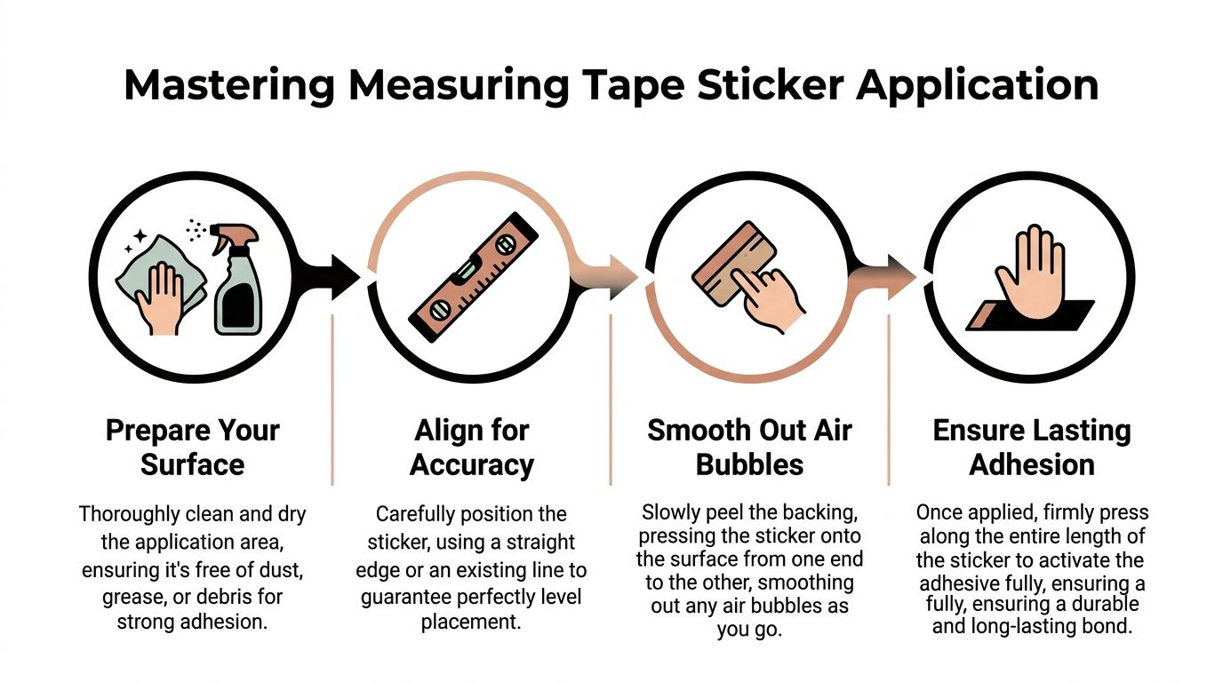 An infographic showing four steps for applying a measuring tape sticker to a clean, flat surface.
