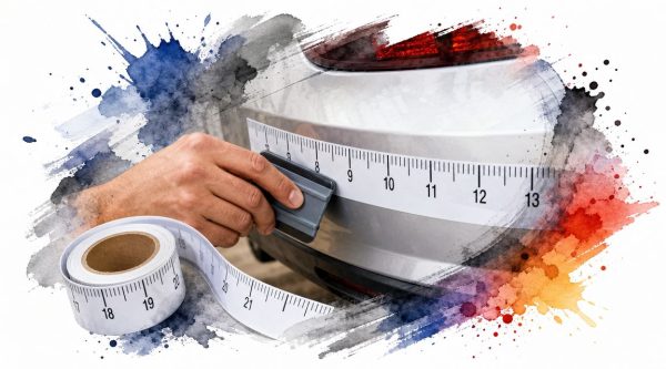 Close-up of a hand using a tape measure to measure a car trunk, with colorful paint splashes in the background.