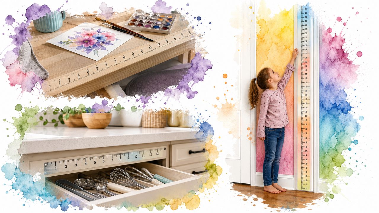 A collage showing measuring tape stickers applied to a desk, a kitchen drawer, and a wall height chart.