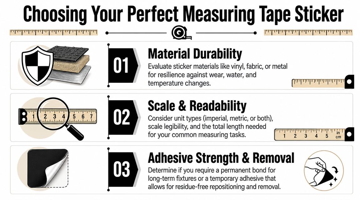 An infographic detailing three key factors for choosing the perfect adhesive measuring tape for various projects.