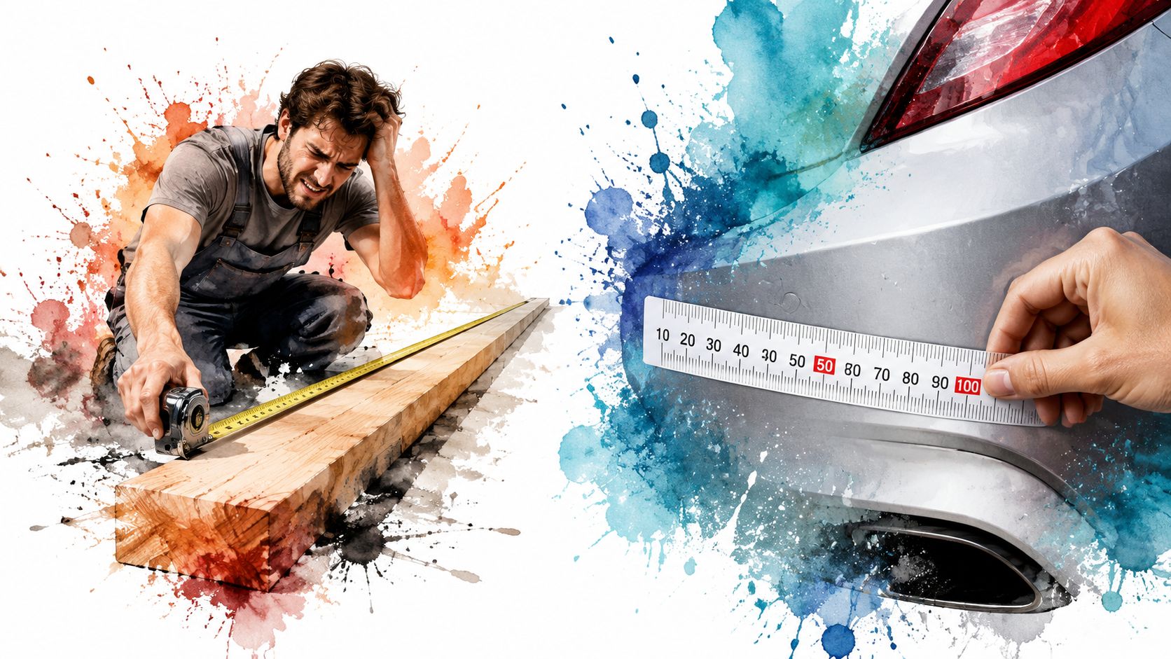 A craftsman measures a wooden beam while a hand measures a car bumper using measuring tape stickers.