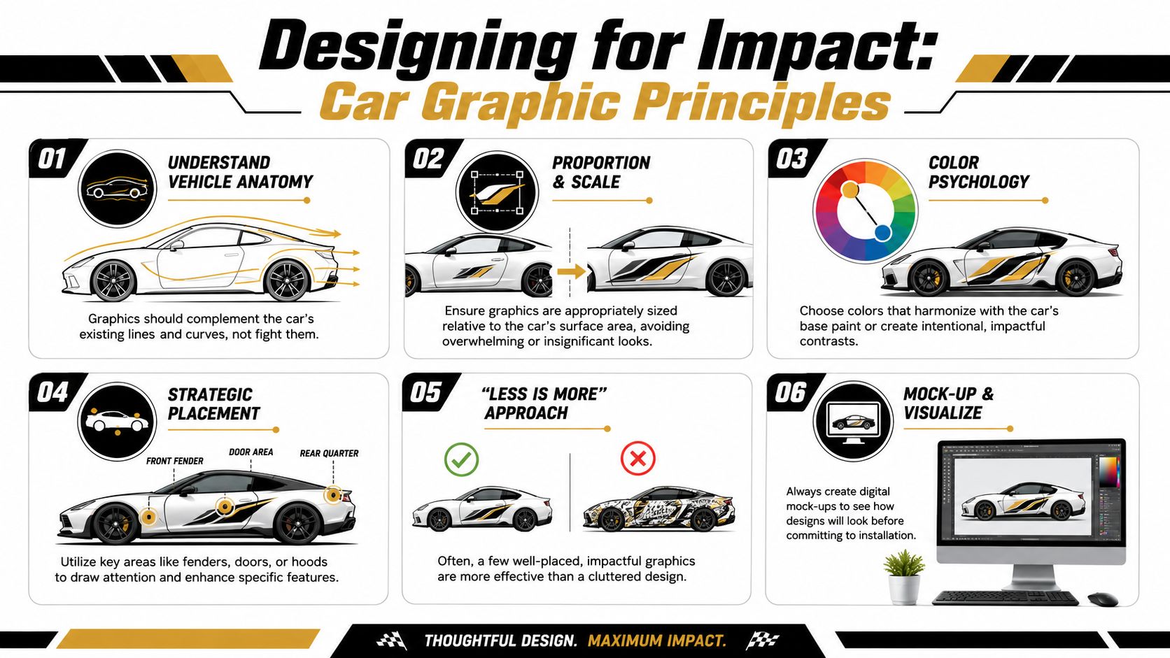 An infographic titled Designing for Impact outlining six essential principles for creating effective car vinyl graphics.