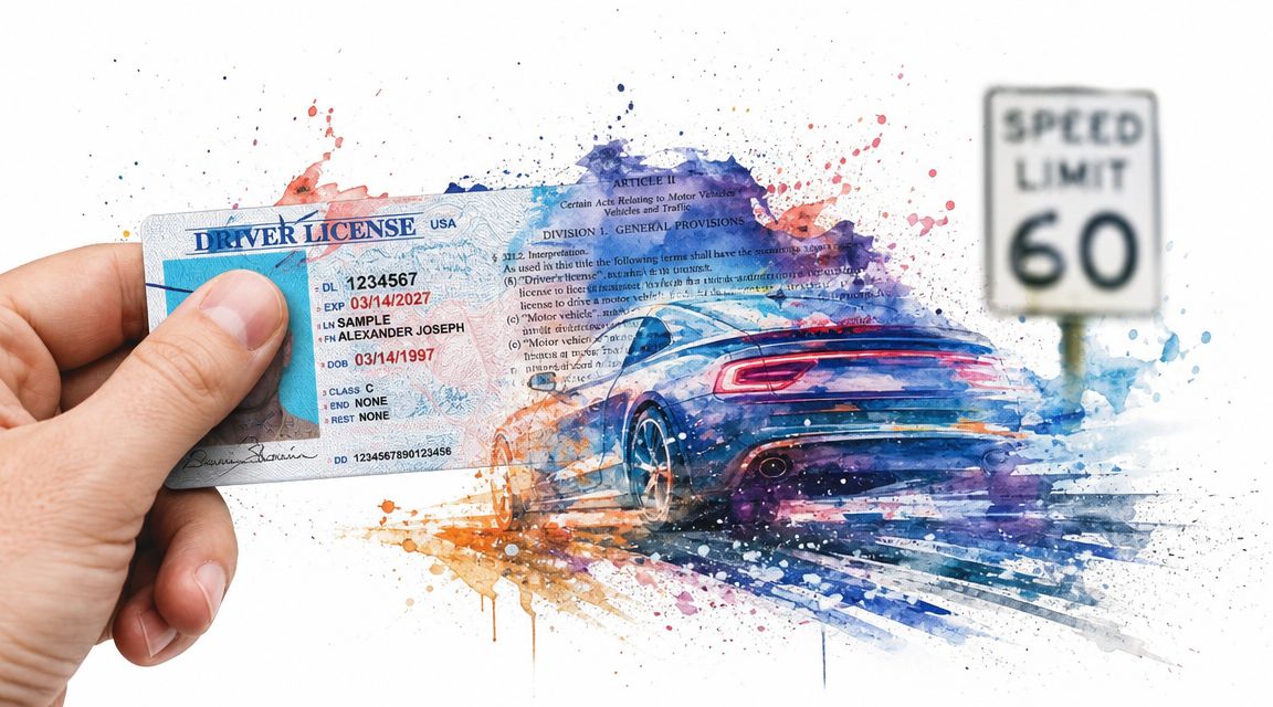 A hand holding a US driver's license with watercolor artistic elements featuring a sports car and speed limit sign.