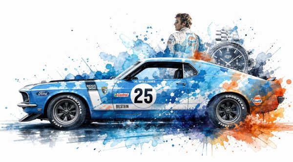 Watercolor illustration of a blue vintage race car with the number 25 and a driver in a Gulf racing suit in the background.