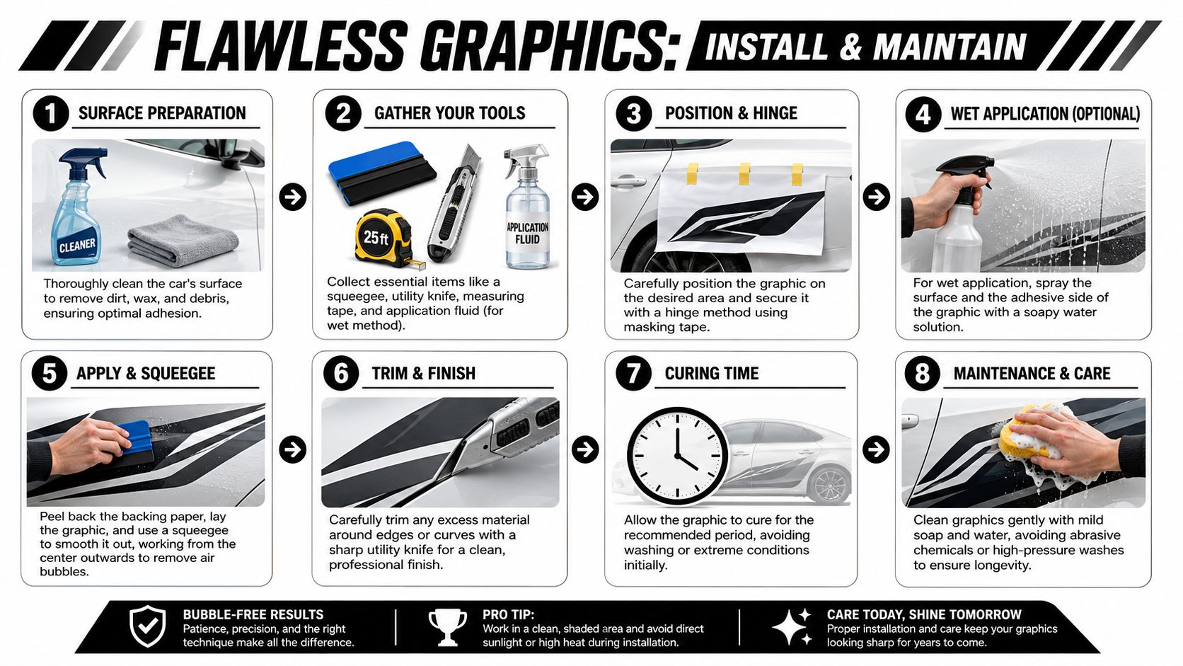 An instructional infographic demonstrating the step-by-step process of installing and maintaining vinyl performance car graphics on a vehicle.
