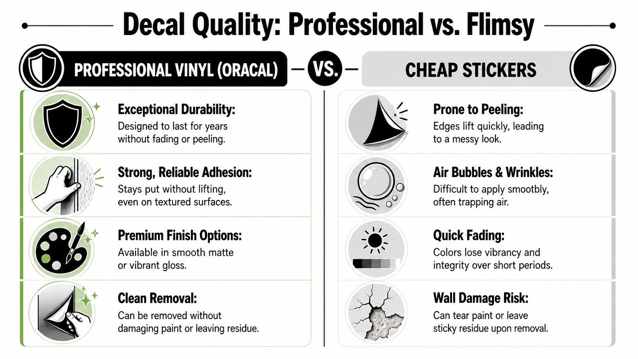 A comparison chart showing benefits of professional Oracal vinyl decals versus low-quality paper stickers.