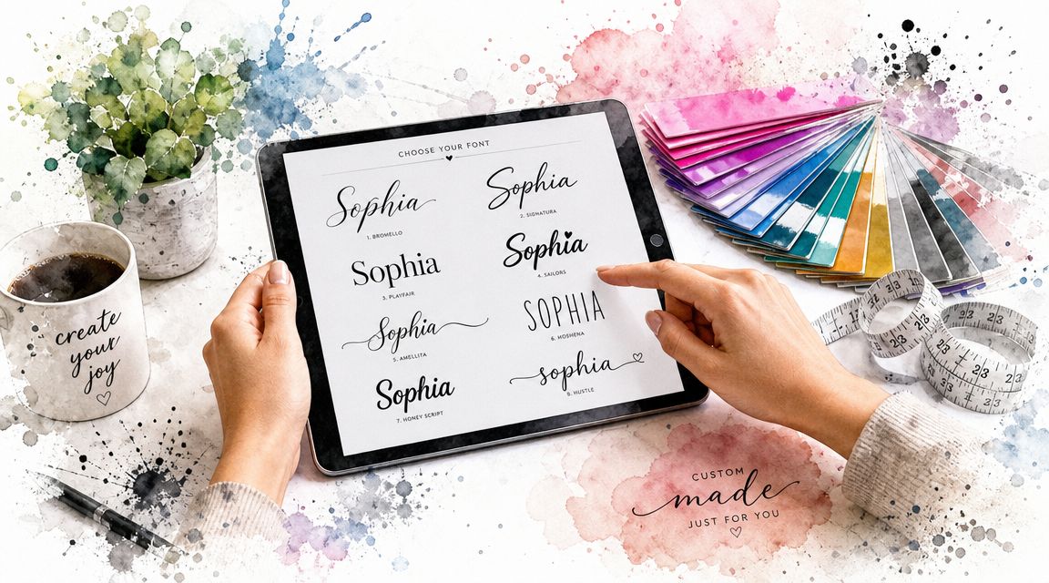 A person selecting a font style for personalized name wall decals on a digital tablet screen.