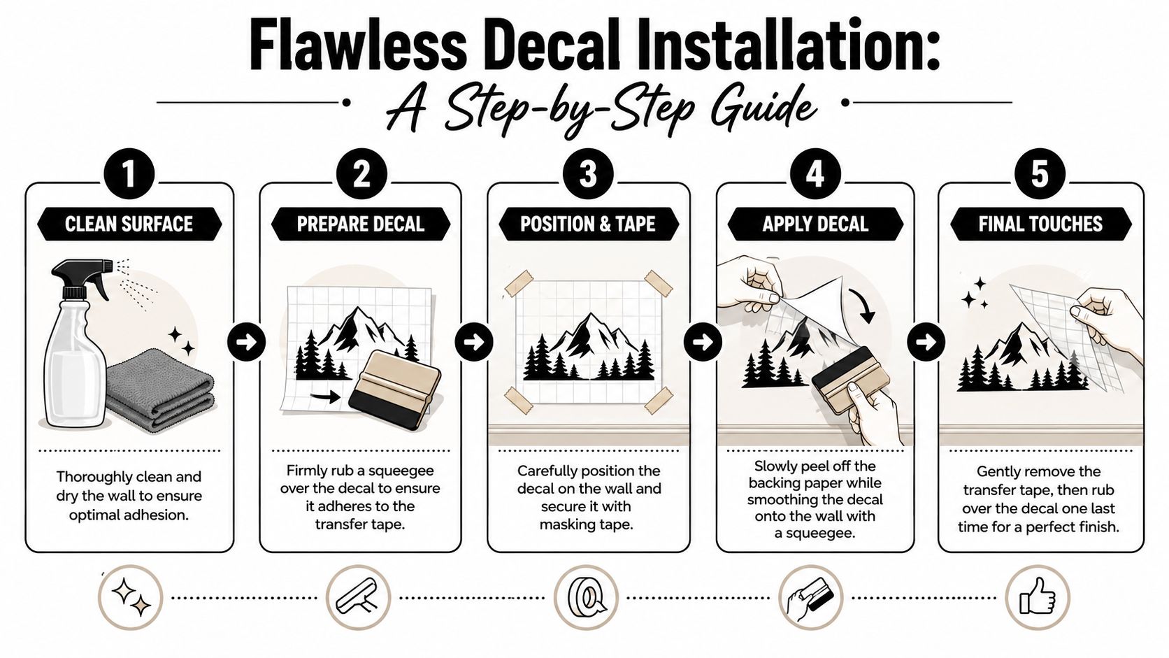 An instructional infographic detailing the five-step process for installing a mountain landscape wall decal.