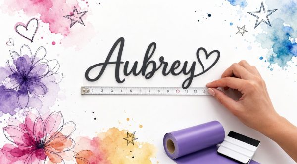 Hand holding a measuring tape under the black cursive name 'Aubrey' with a heart, colorful flowers, and watercolor splashes in the background.