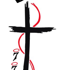 Stylized black cross with a crown perched above it and red decorative curves along the sides on a white background.