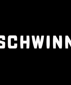 Schwinn logo: bold white wordmark on a black background