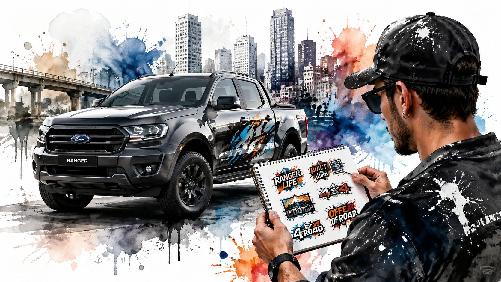 A designer holding a sketchbook with truck-themed sticker designs next to a Ford Ranger pickup truck.