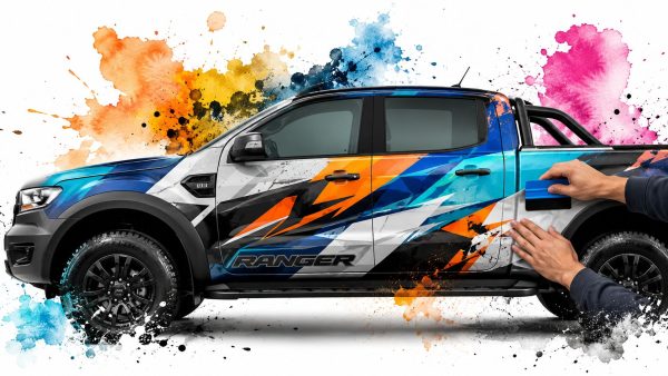 Blue and orange graphic wrap being applied to a Ford Ranger pickup by hands, colorful paint splashes behind.