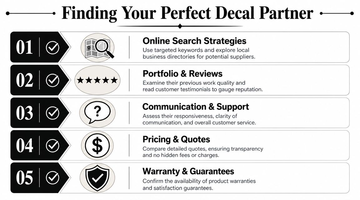 A checklist infographic titled Finding Your Perfect Decal Partner with five steps for choosing a decal supplier.