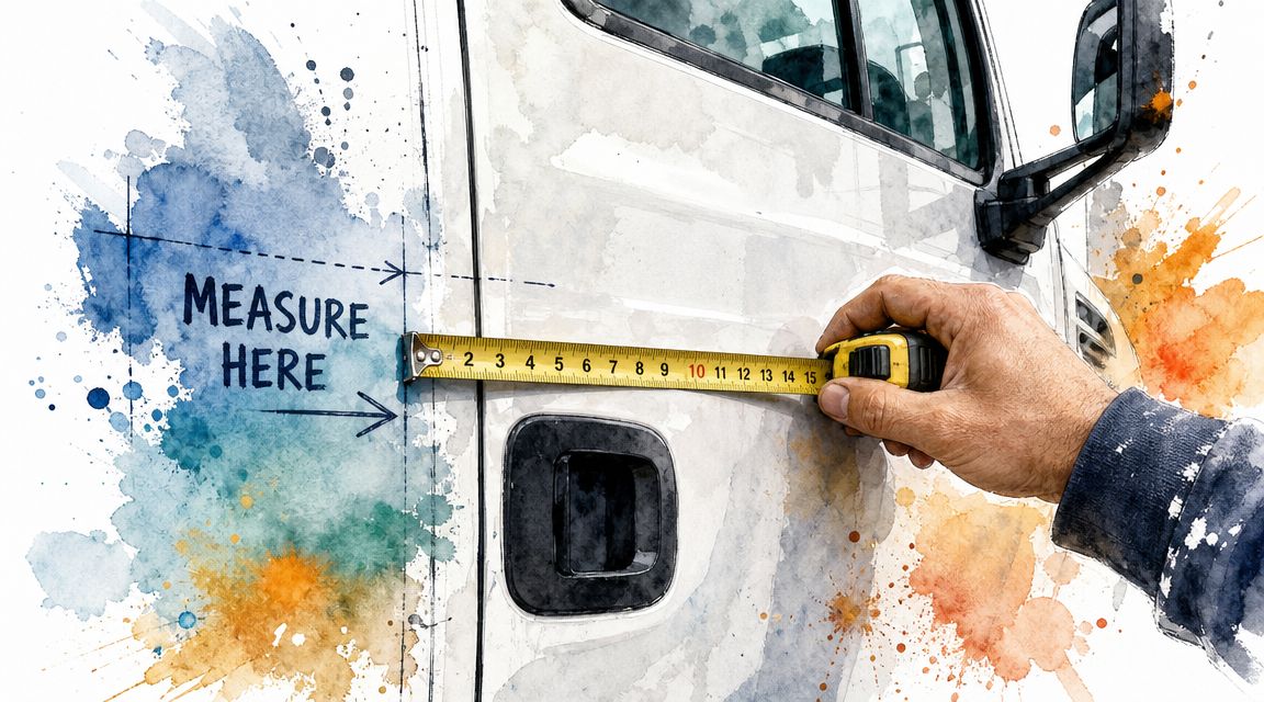 A hand uses a tape measure to determine the dimensions of a commercial truck door panel.