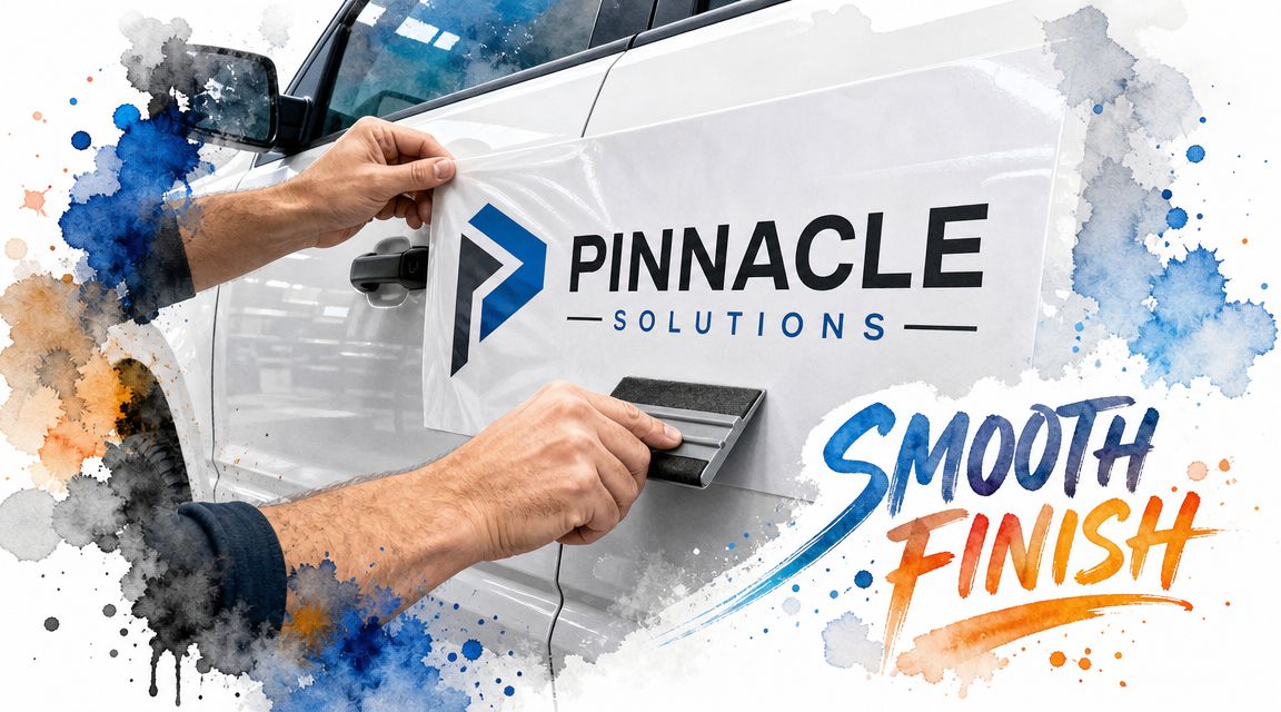 A professional installer applying a custom vehicle decal to a truck door using a squeegee tool.
