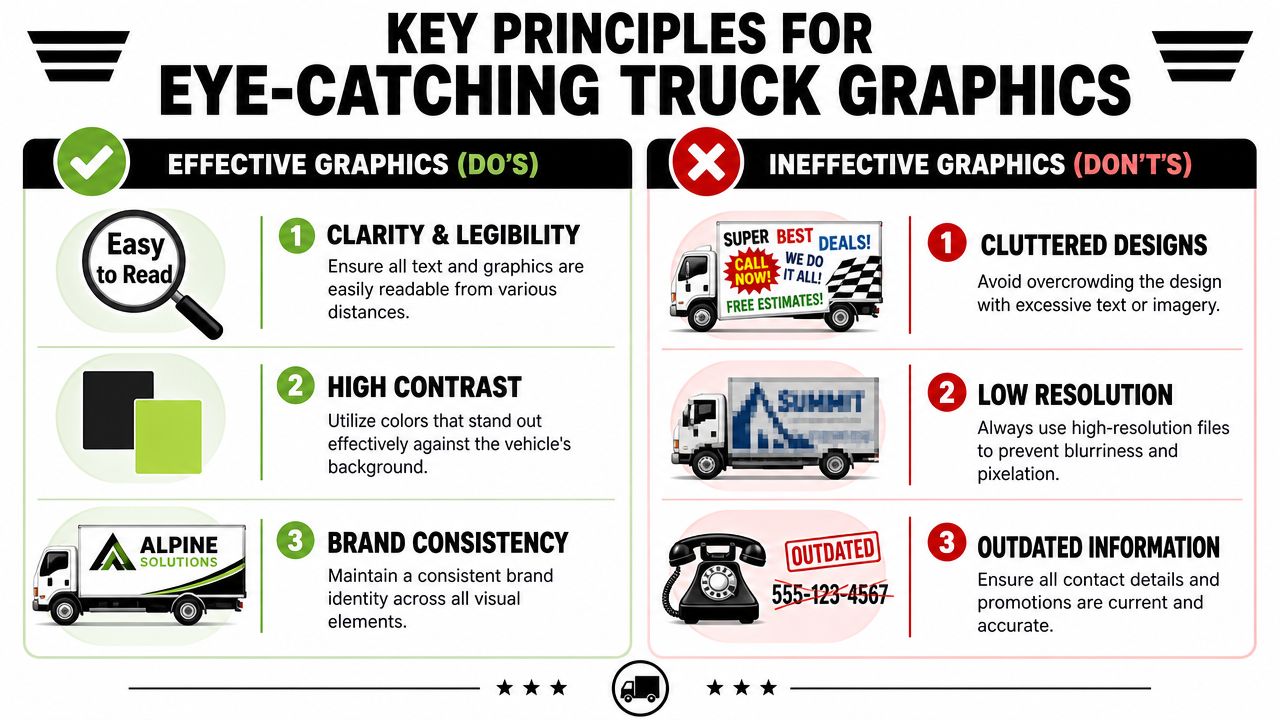 An infographic showing three effective principles for truck graphics and three common design mistakes to avoid.