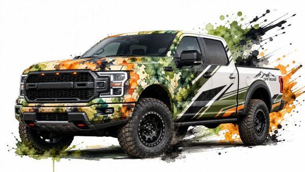 White off-road pickup truck with a bold green, orange, and black paint-splatter design and dark grille; large rugged tires ready for off-road use.