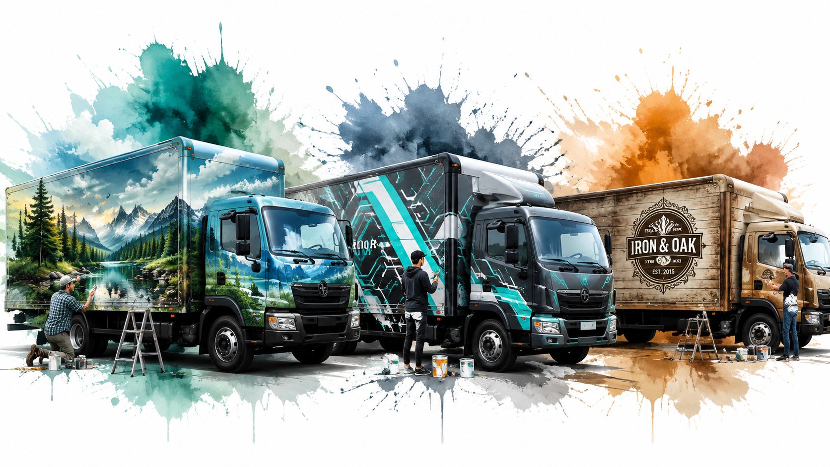 Three artists paint custom artistic wraps on commercial box trucks featuring landscape, digital, and wooden designs.