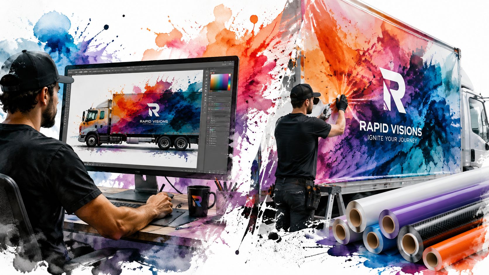 A graphic designer works on a truck wrap design, which is then installed onto a delivery truck.