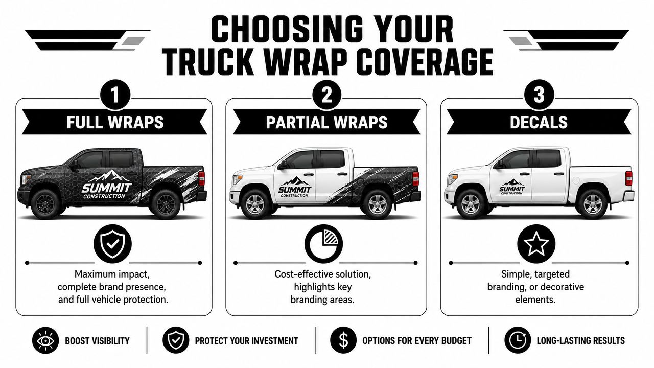 An infographic comparing three types of truck wrap coverage: full wraps, partial wraps, and decals for branding.