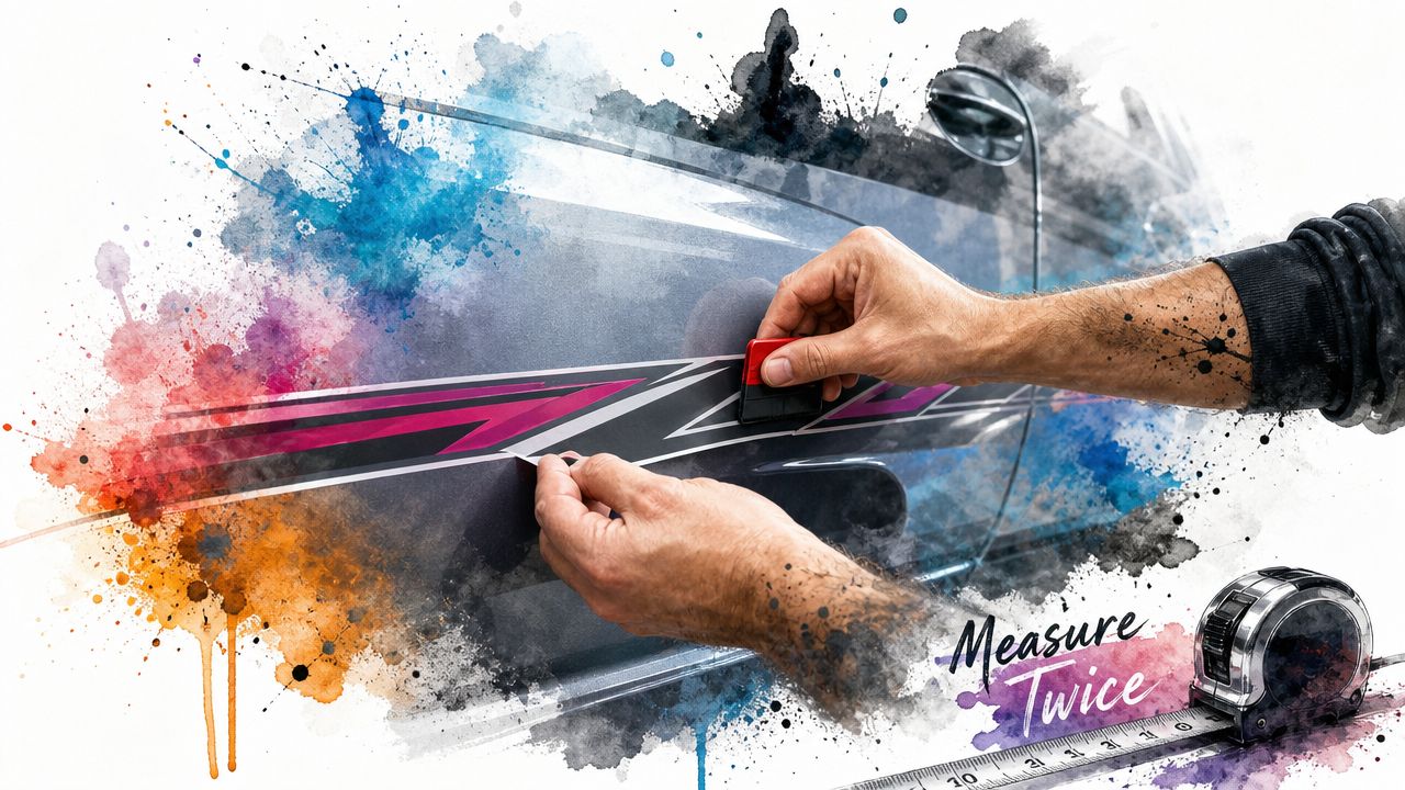 A close-up view of a person applying custom vinyl graphics to a tuner car with a squeegee tool.
