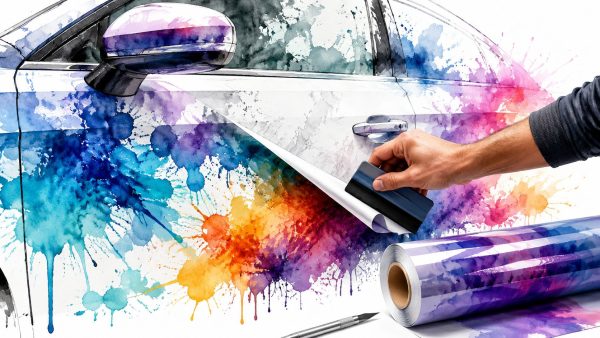 Hands applying blue vinyl wrap to a car door, with a roll of colorful wrap nearby and a rainbow paint-splatter background.
