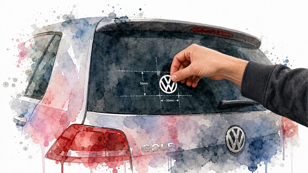 A hand applies a small circular Volkswagen logo sticker to the rear window of a Golf car.