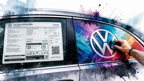Tattooed arm uses a squeegee to apply a colorful wrap with a Volkswagen logo on a car door; a window sticker is visible in the glass.