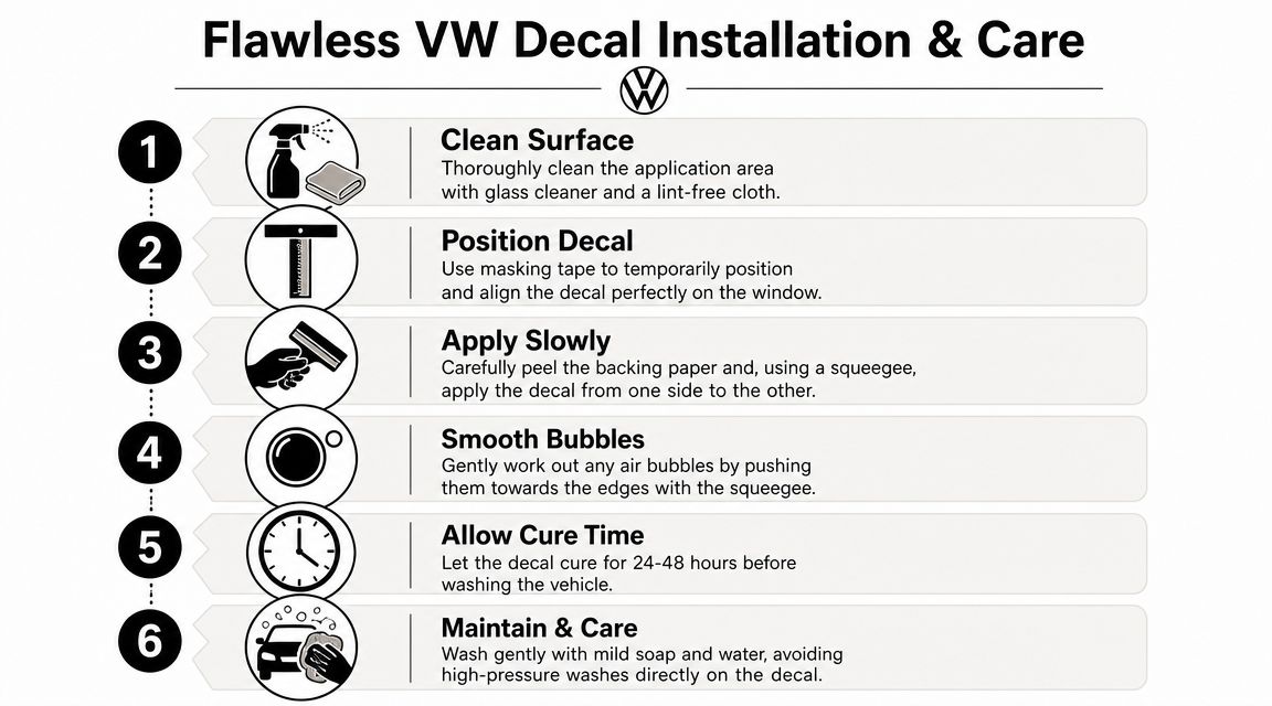 A step-by-step instructional infographic for the proper installation and maintenance of Volkswagen car window decals.