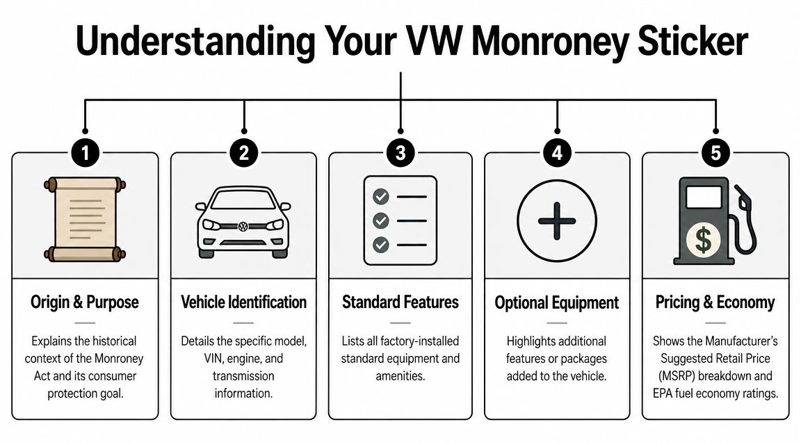 An infographic titled Understanding Your VW Monroney Sticker explaining the five main sections of a car label.