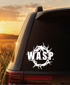 SUV rear window with a white WASP logo surrounded by a thorny circle, set against a sunset field scene