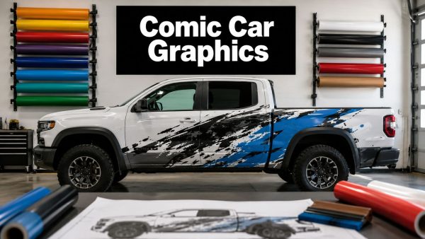 White pickup truck with blue/black splash graphic wrap inside a vehicle graphics shop, with color rolls on wall racks and a 'Comic Car Graphics' sign behind it.