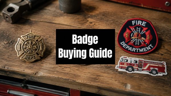Center-aligned black panel reads 'Badge Buying Guide' on a wooden worktable, flanked by firefighter badges and a toy fire truck.