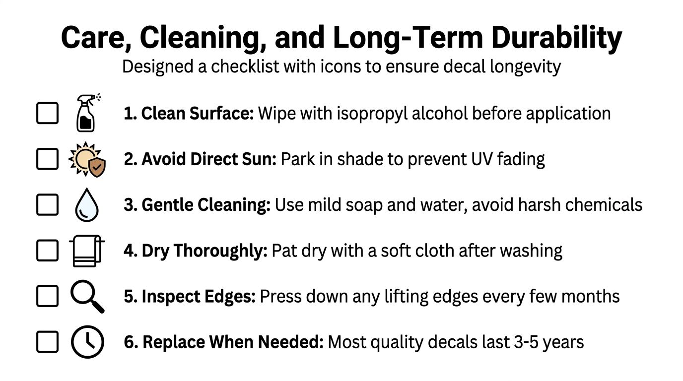 A checklist infographic providing six essential steps for proper care, cleaning, and long-term durability of decals.