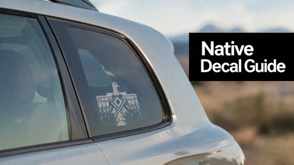 Silver SUV rear window shows a geometric Native-style eagle decal with a black banner reading 'Native Decal Guide' on the right edge, indicating a decal guide feature.
