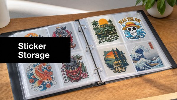 Open sticker album with clear sleeves displaying colorful sticker designs on a wooden table. common themes include nature, waves, and skulls with bright colors.