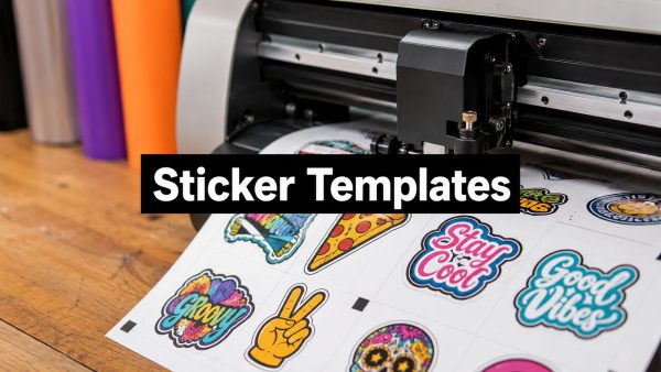 Sheet of printed sticker templates with vibrant designs (pizza slice, stay cool, good vibes) and a bold black banner reading 'Sticker Templates' across the middle on the page above a wooden desk.