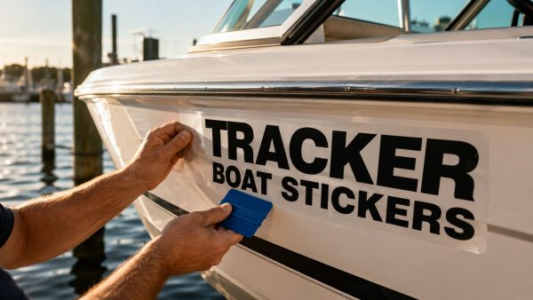Person applies a TRACKER boat sticker to a white boat at a marina, showing the decal being affixed to the hull