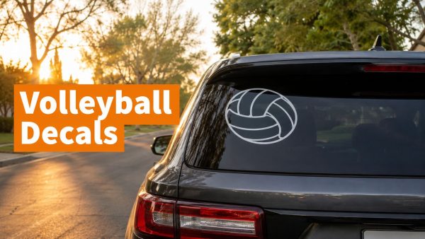 Dark SUV rear window with a white volleyball decal and an orange 'Volleyball Decals' banner overlay.