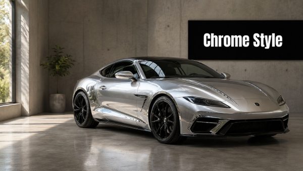 Front-three-quarter view of a sleek, silver luxury sports car parked in a concrete showroom with a black 'Chrome Style' sign on the wall.