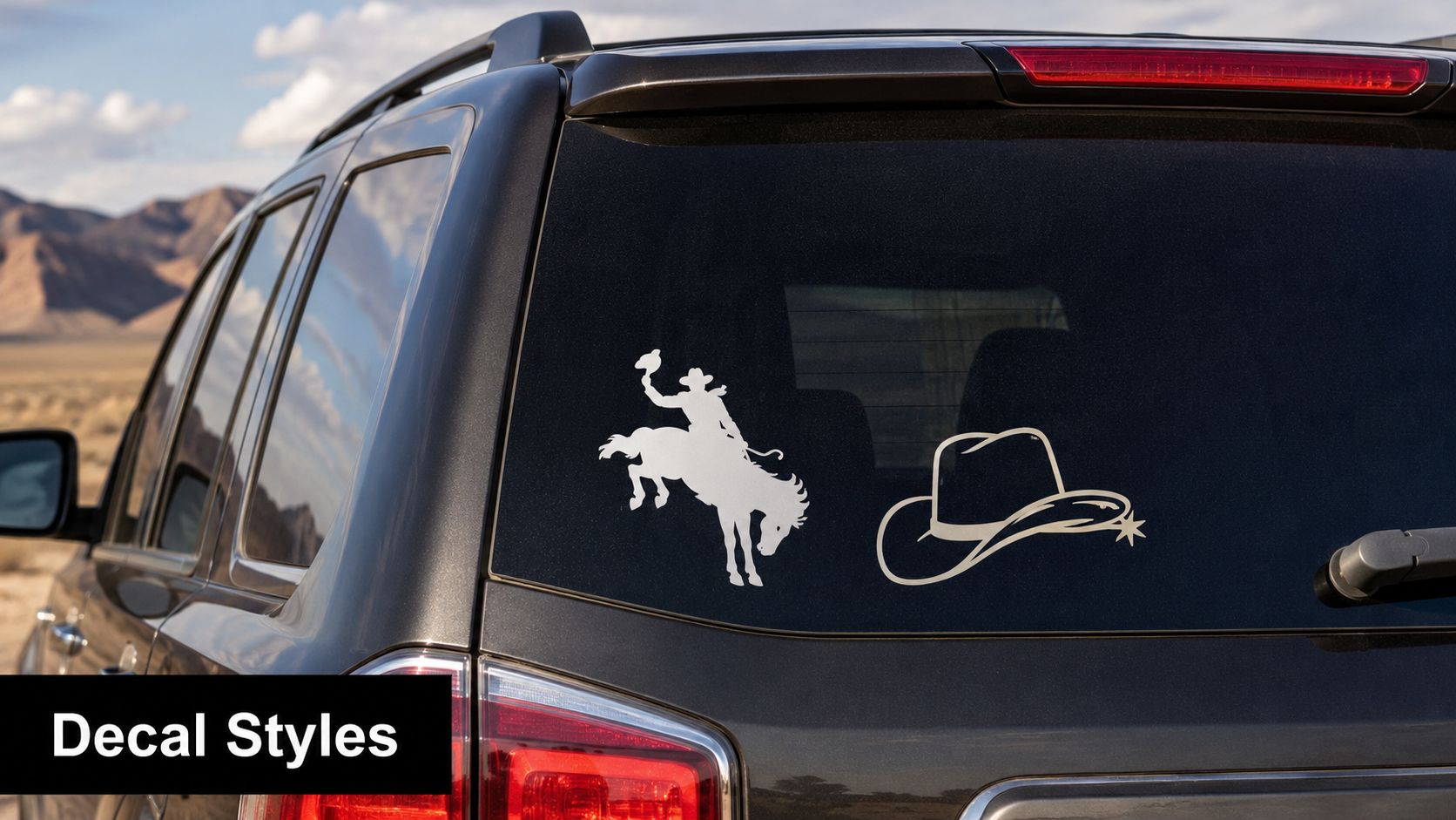 A black SUV parked in the desert with two white cowboy-themed vinyl decals on the rear window.