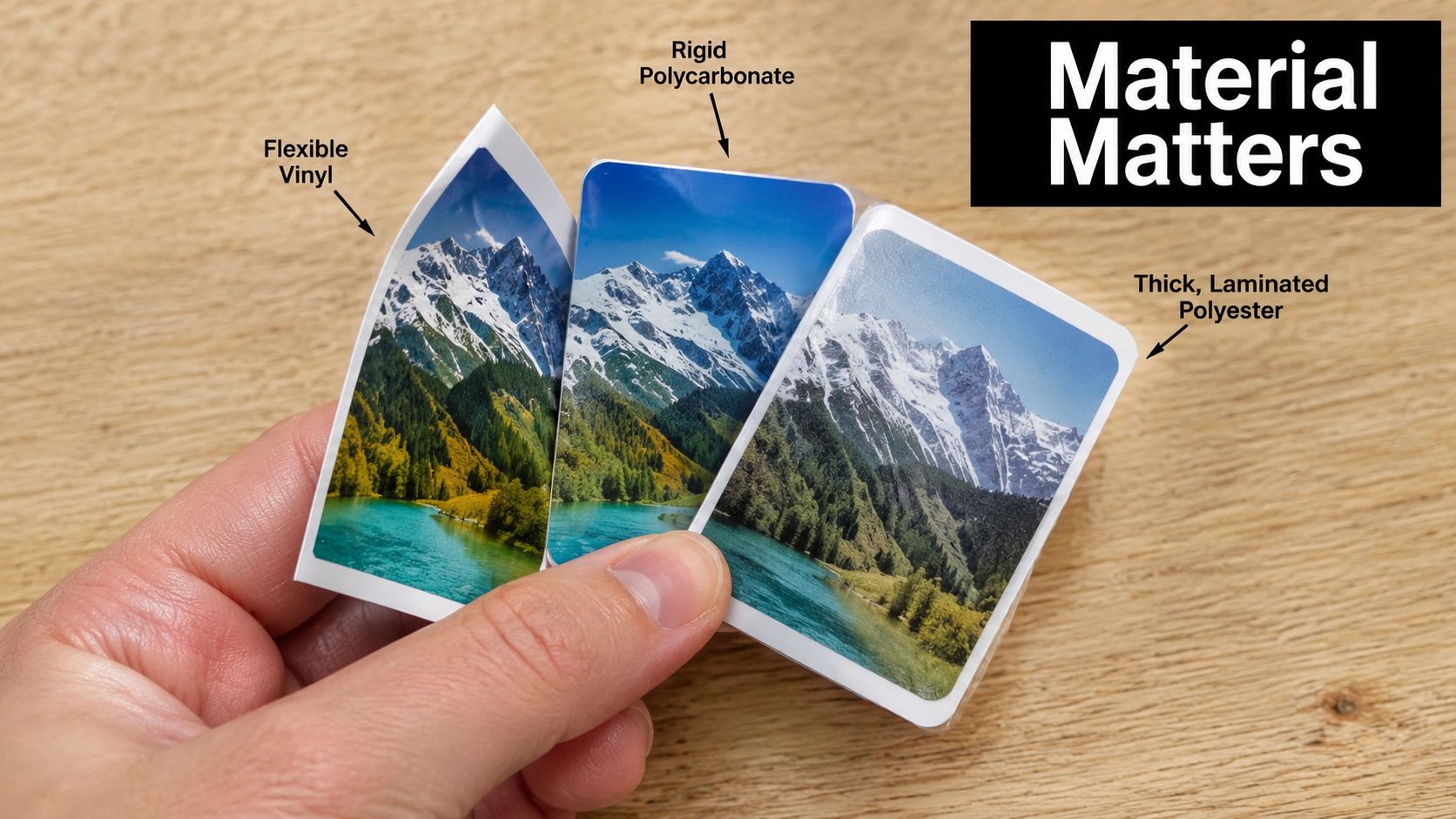 A hand holding three samples showing different material finishes for custom labels including vinyl, polycarbonate, and polyester.