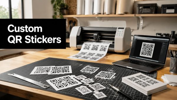 Workshop desk showing QR stickering setup: printer, laptop displaying a QR code, and sheets of QR stickers ready to cut/peel.