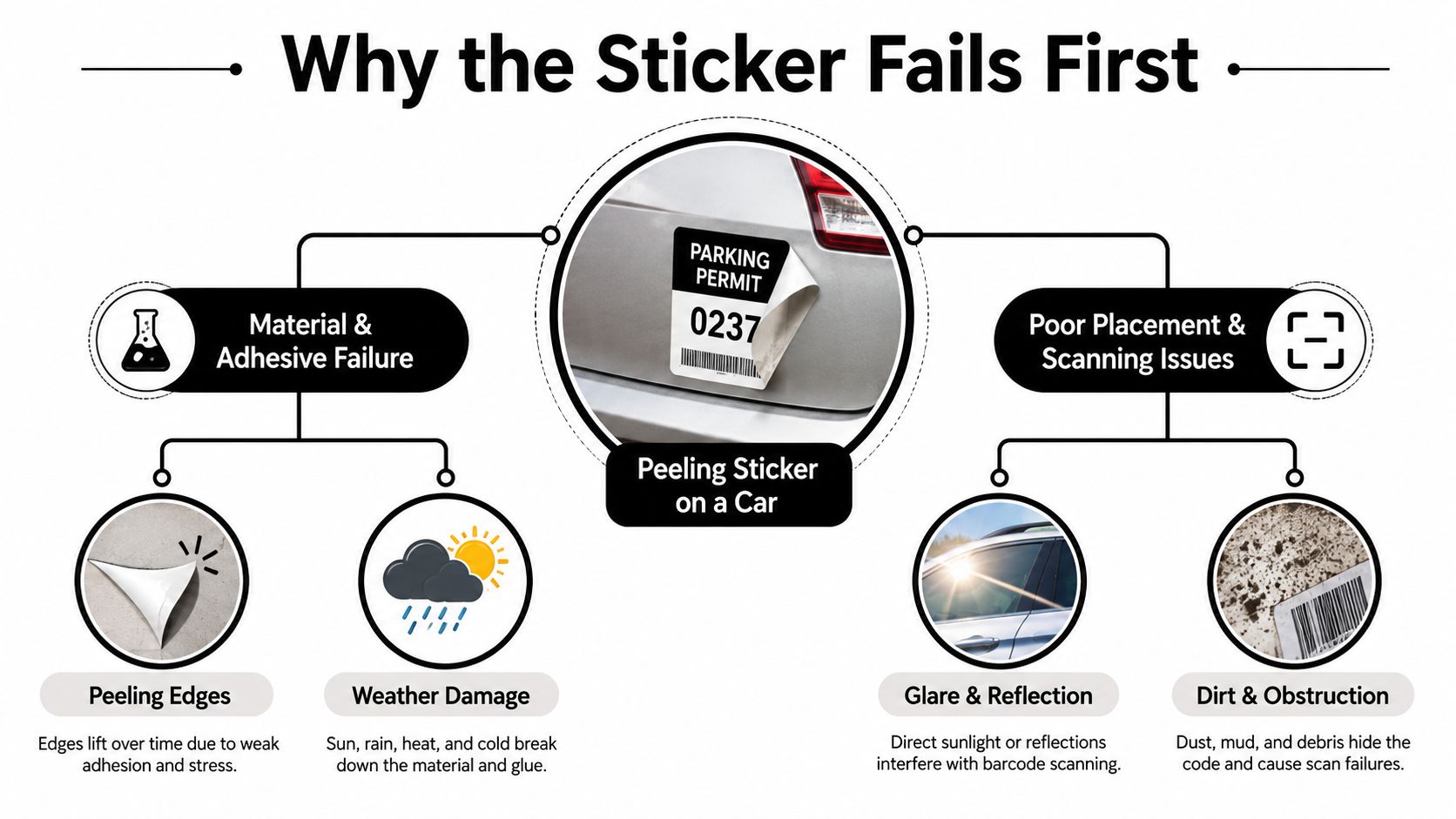 An infographic titled Why the Sticker Fails First showing reasons for parking permit sticker damage and failure.
